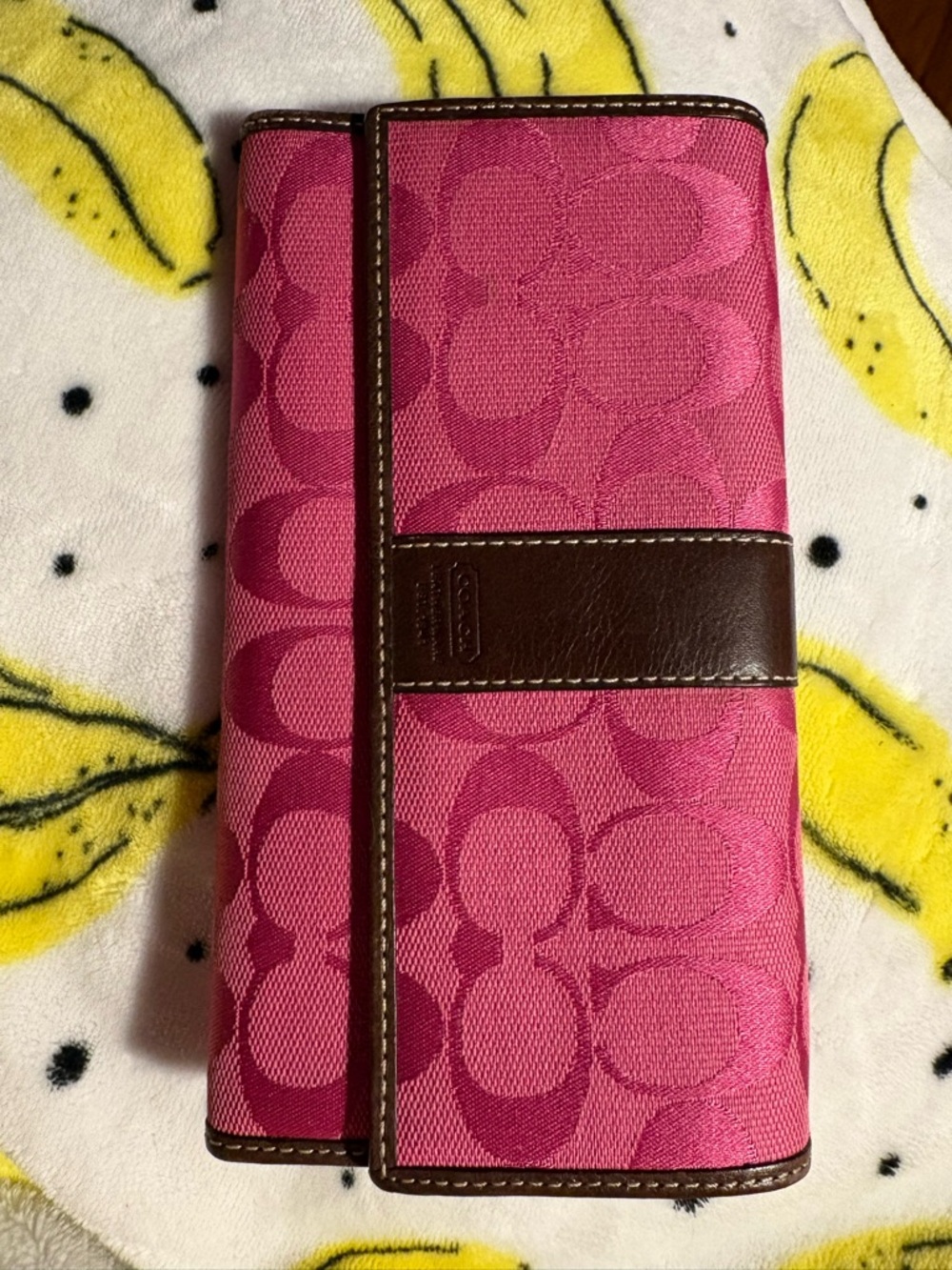 Coach Hot Pink Signature Wallet with Brown Leather Trim